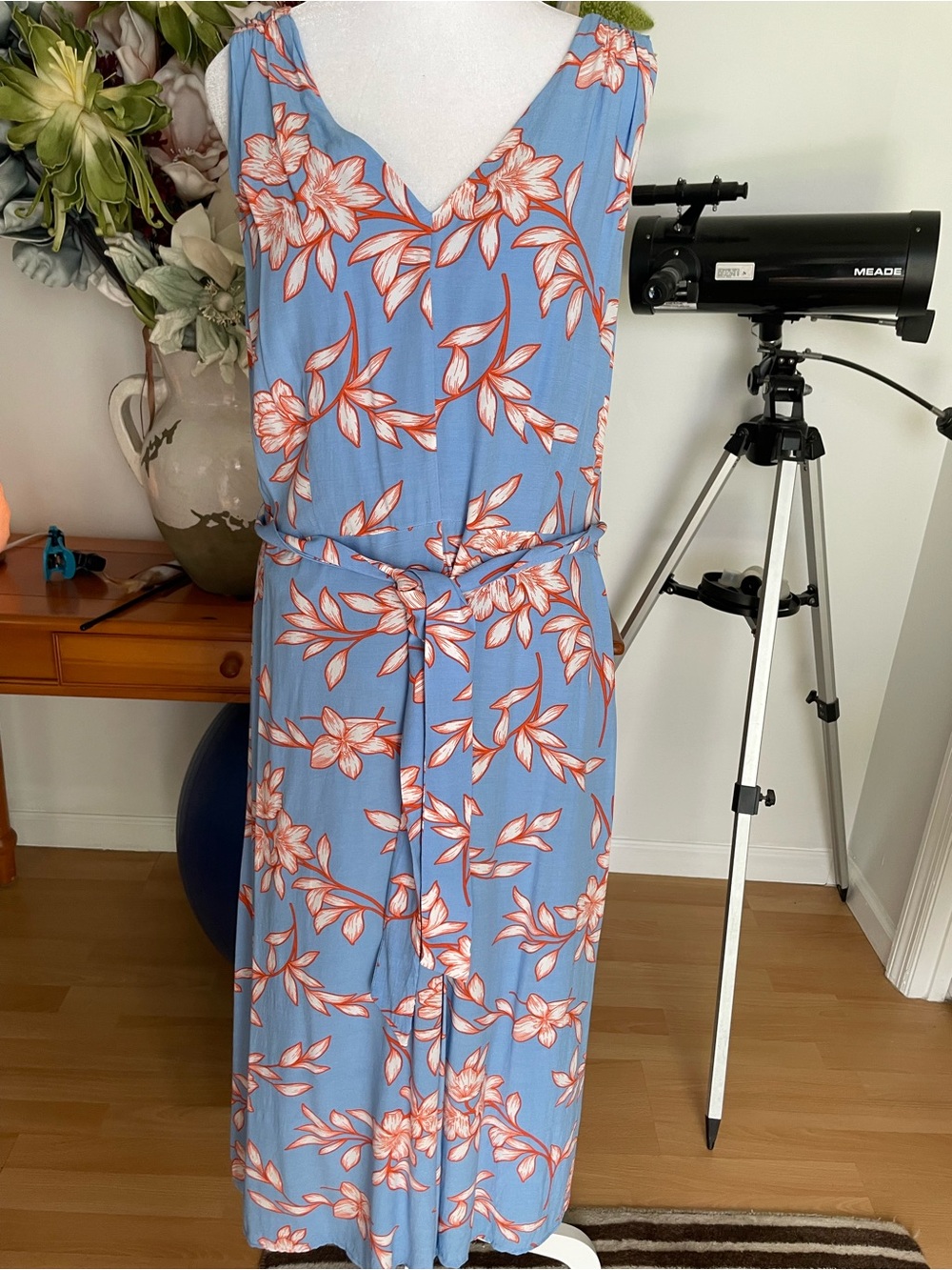 Talbots Blue Midi Dress with Coral Floral Print and Tie Waist